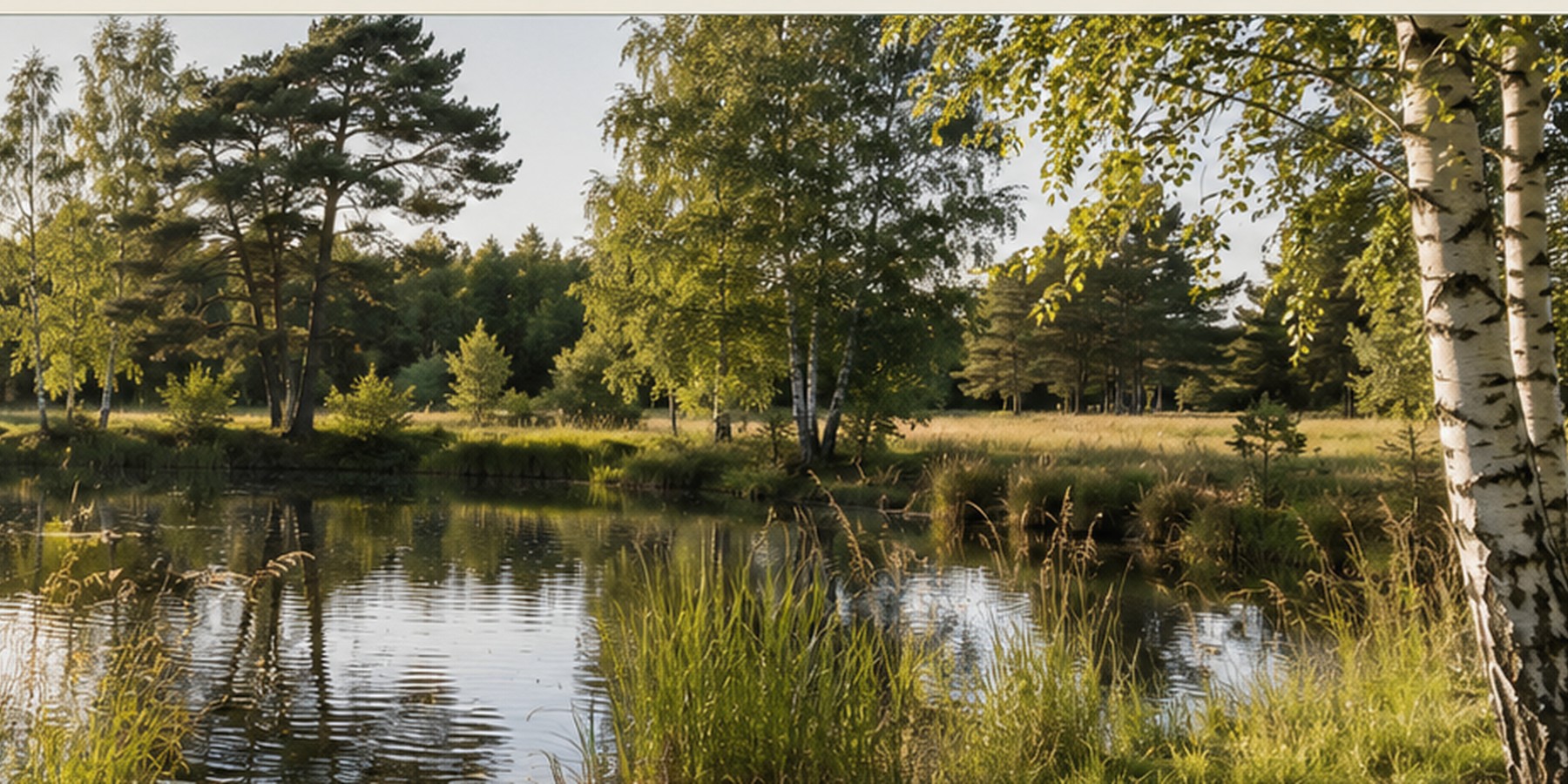 Naturbelassener kleiner Teich mit Birken und Kiefern