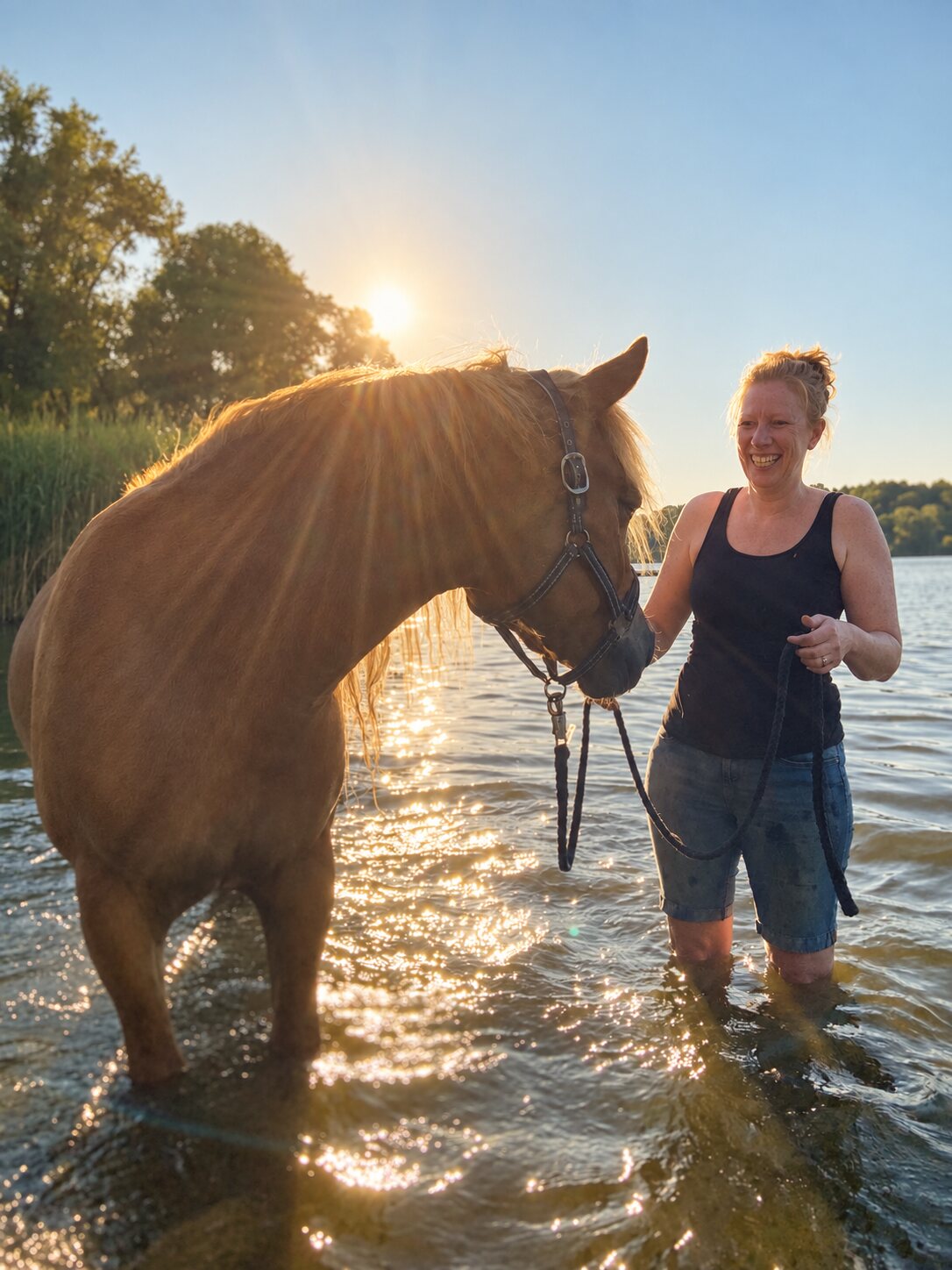 Leonie Plass mit Fritz gemeinsam im Wasser an der Elbe